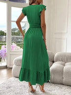 Women's V-Neck Tiered Evening Maxi Dress – Short Sleeve Smocked Waist Dress