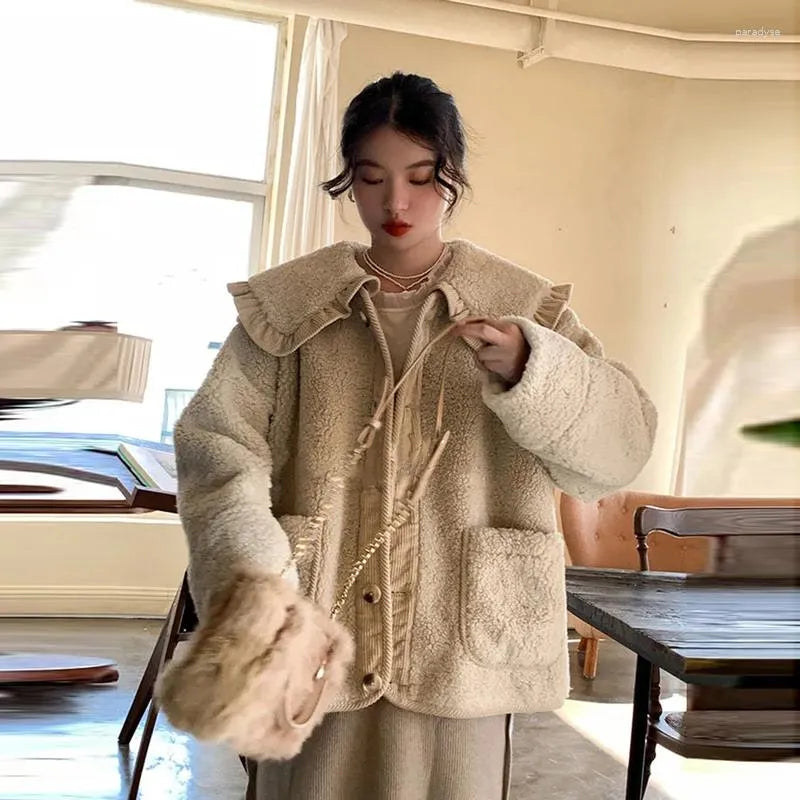 Women's Ruffle Collar Winter Coat – Plush Relaxed Jacket