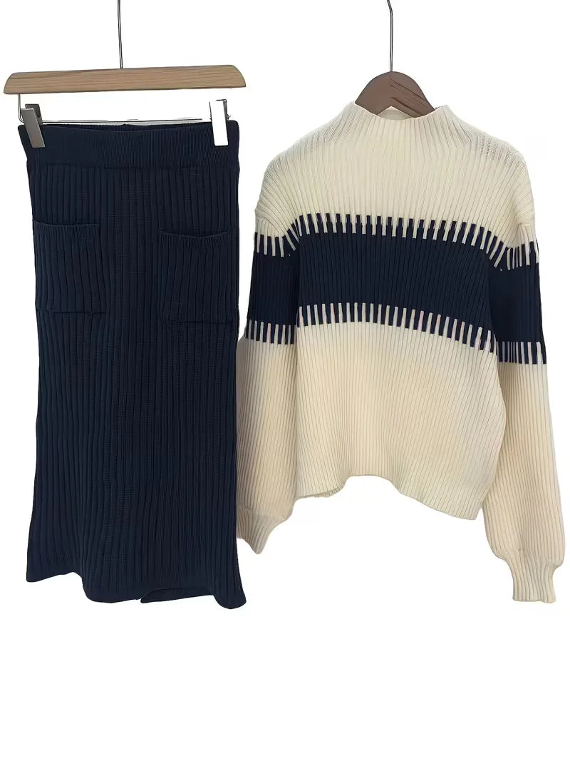 Women's Ribbed Knit Skirt Set – High Neck Sweater Co-Ord