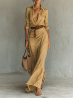 Women's Belted Maxi Shirt Dress – Long Sleeve Lapel Collar Dress