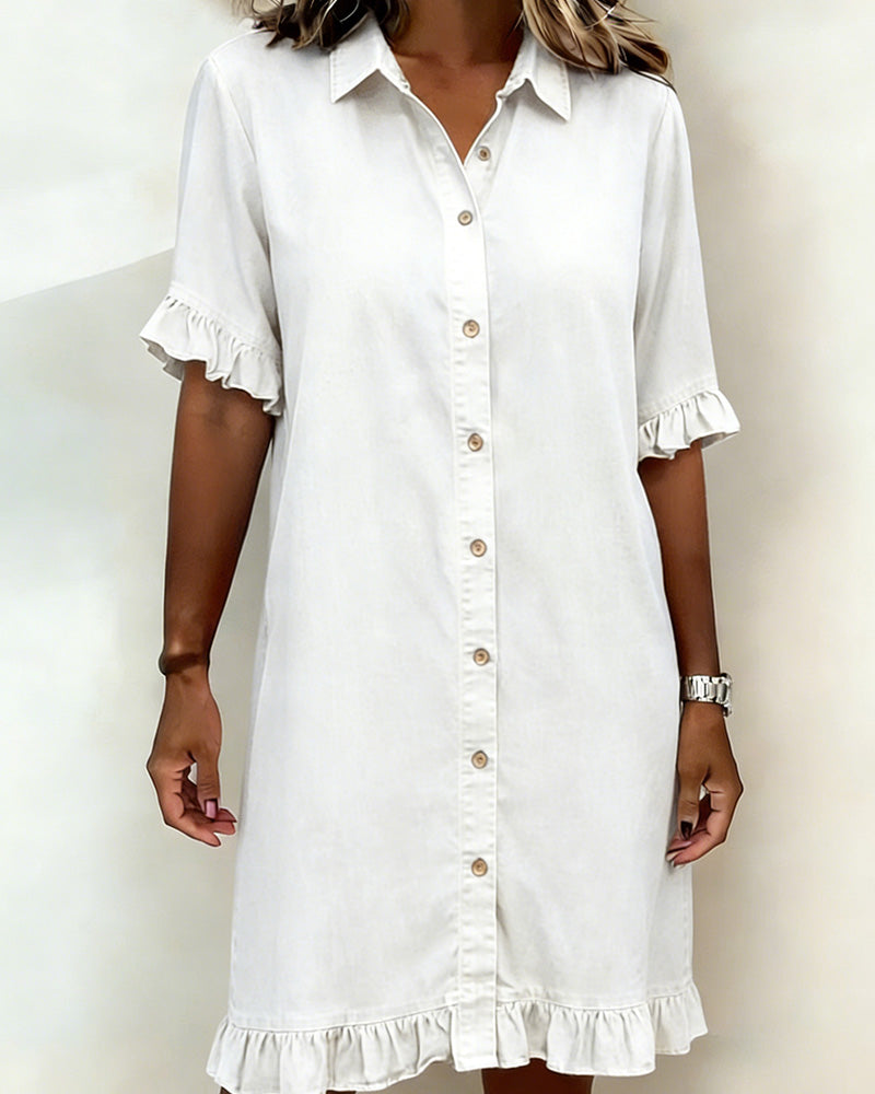 Women's Shirt Dress – Flounce Sleeve Button Front Knee-Length Dress