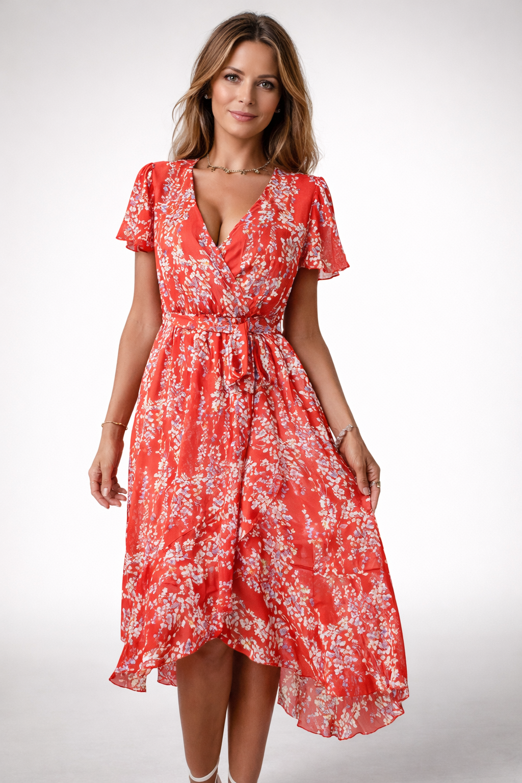 Women's Floral Belted Wrap Dress – V-Neck Midi Occasion Dress