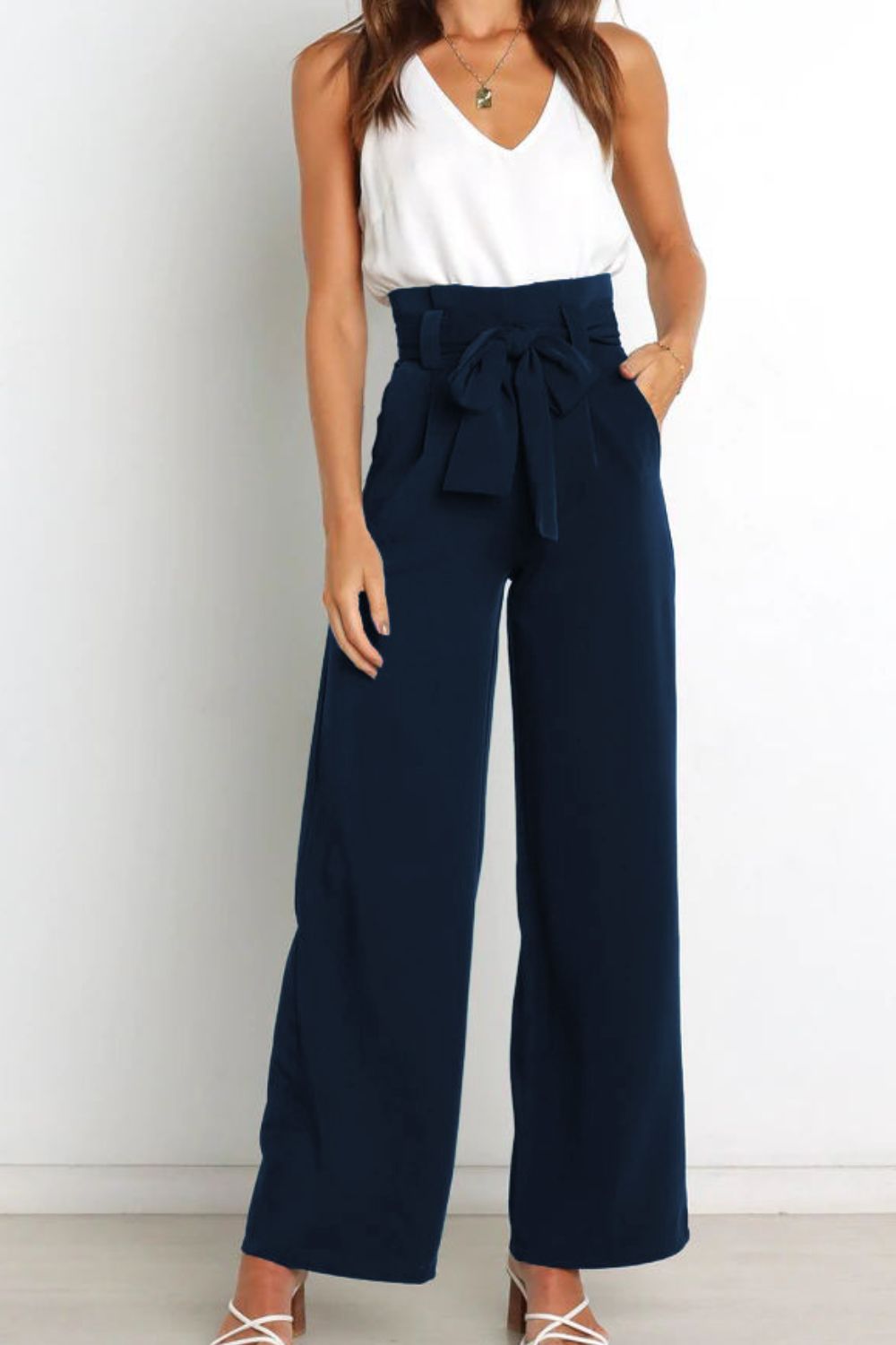 Women's Bow Tie Paperbag Waist Pants – High Rise Wide Leg Trousers