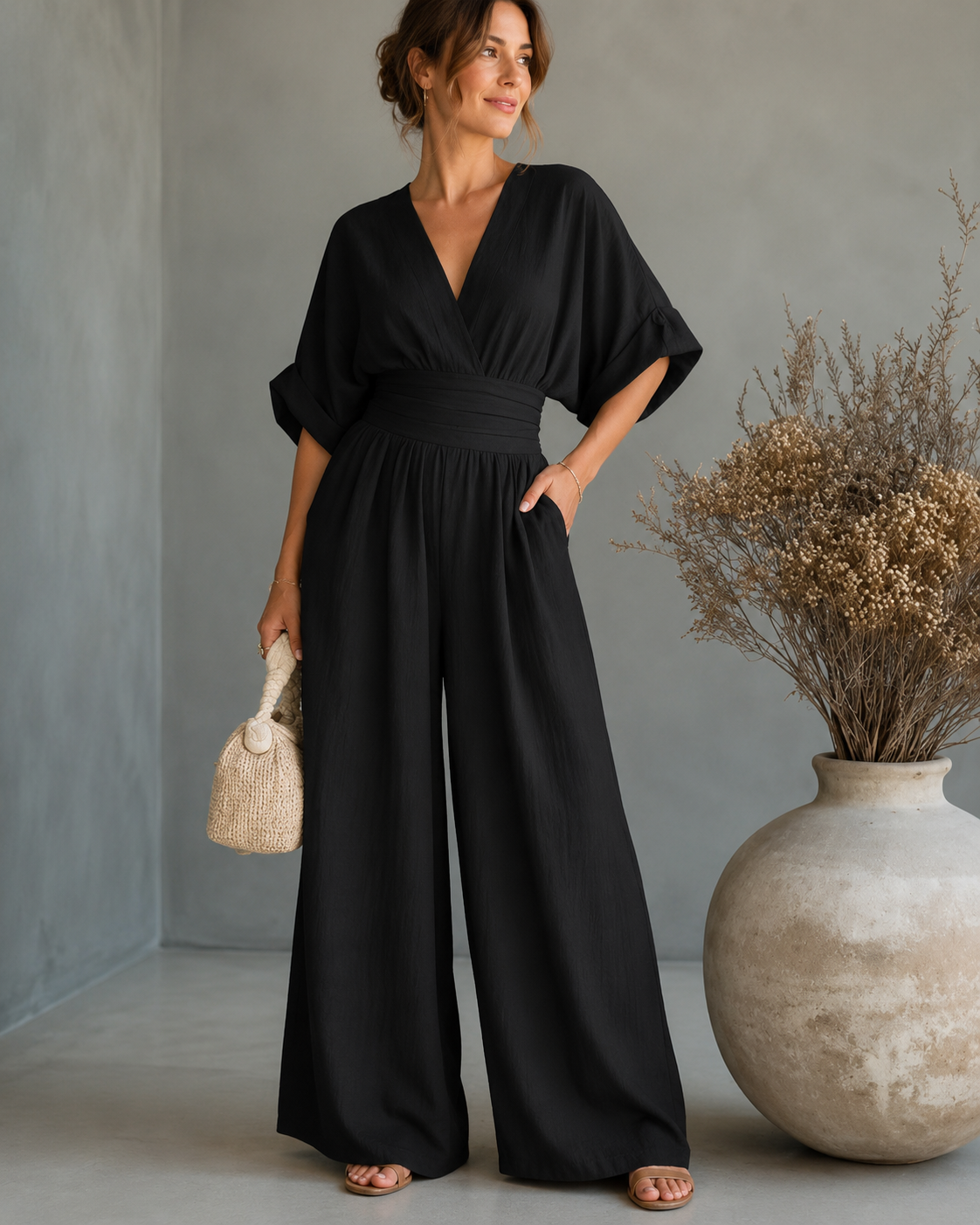 Women's V-Neck Wrap Wide Leg Jumpsuit – Cinched Waist Evening Occasion Jumpsuit