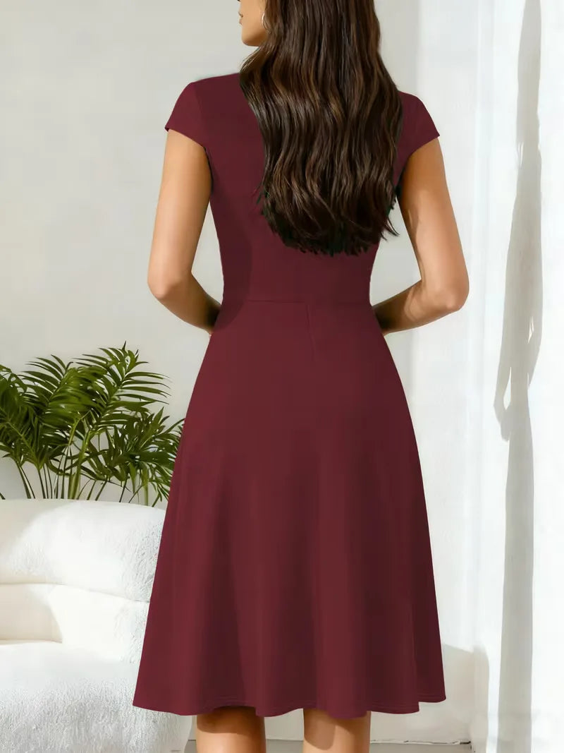 Women's V-Neck Pocket A-Line Dress – Short Sleeve Knee Length Dress