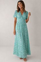 Women's Floral V-Neck Long Dress – Flowy Boho Maxi Dress