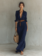 Women's Belted Maxi Shirt Dress – Long Sleeve Lapel Collar Dress