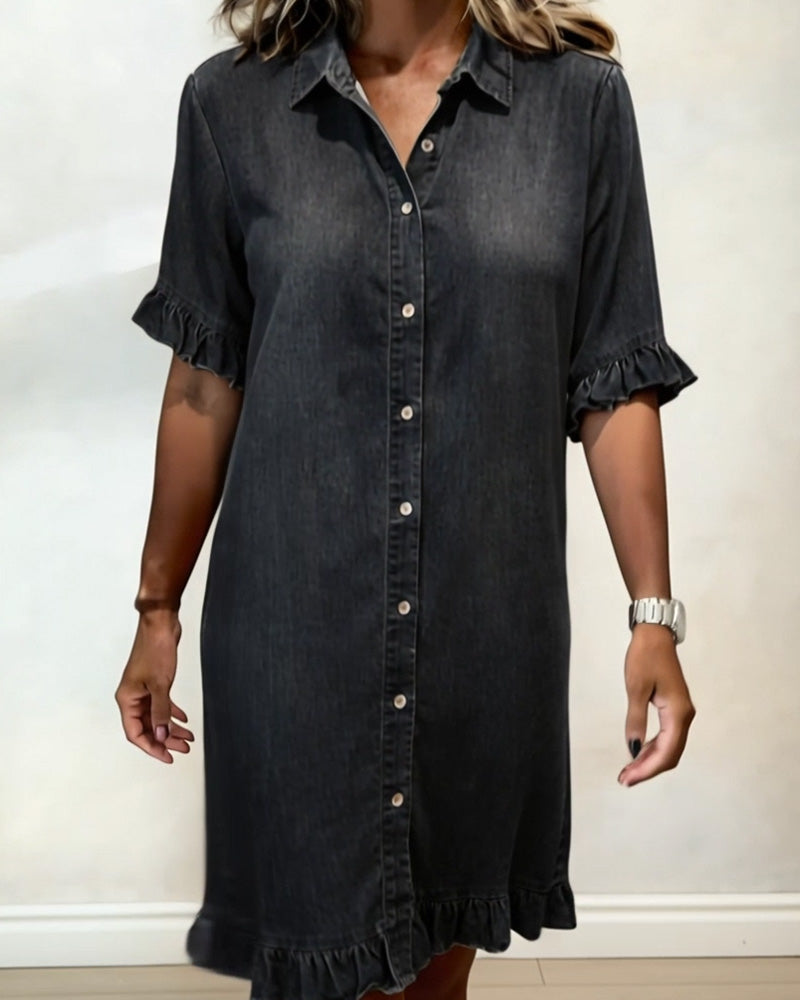 Women's Shirt Dress – Flounce Sleeve Button Front Knee-Length Dress