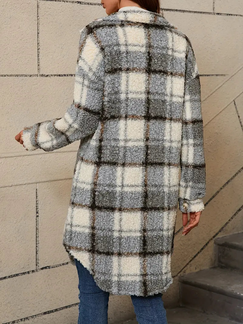 Women's Checked Teddy Coat – Oversized Fleece Winter Overcoat