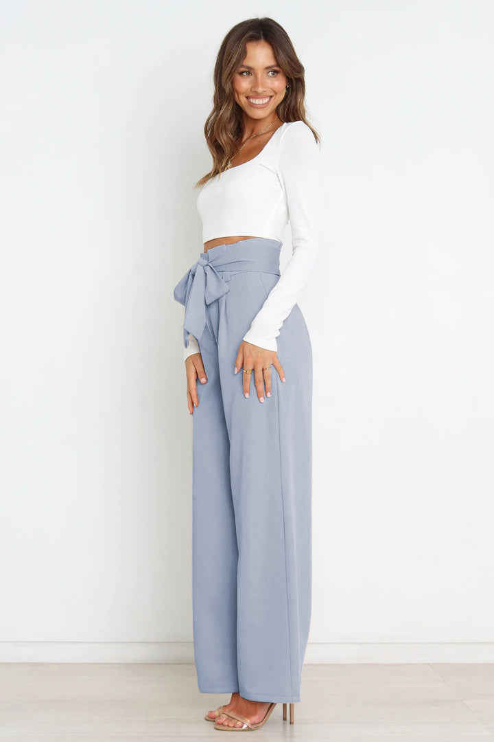Women's Bow Tie Paperbag Waist Pants – High Rise Wide Leg Trousers