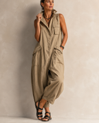 Women's Sleeveless Collared Jumpsuit – Relaxed Fit Pocket Casual Jumpsuit