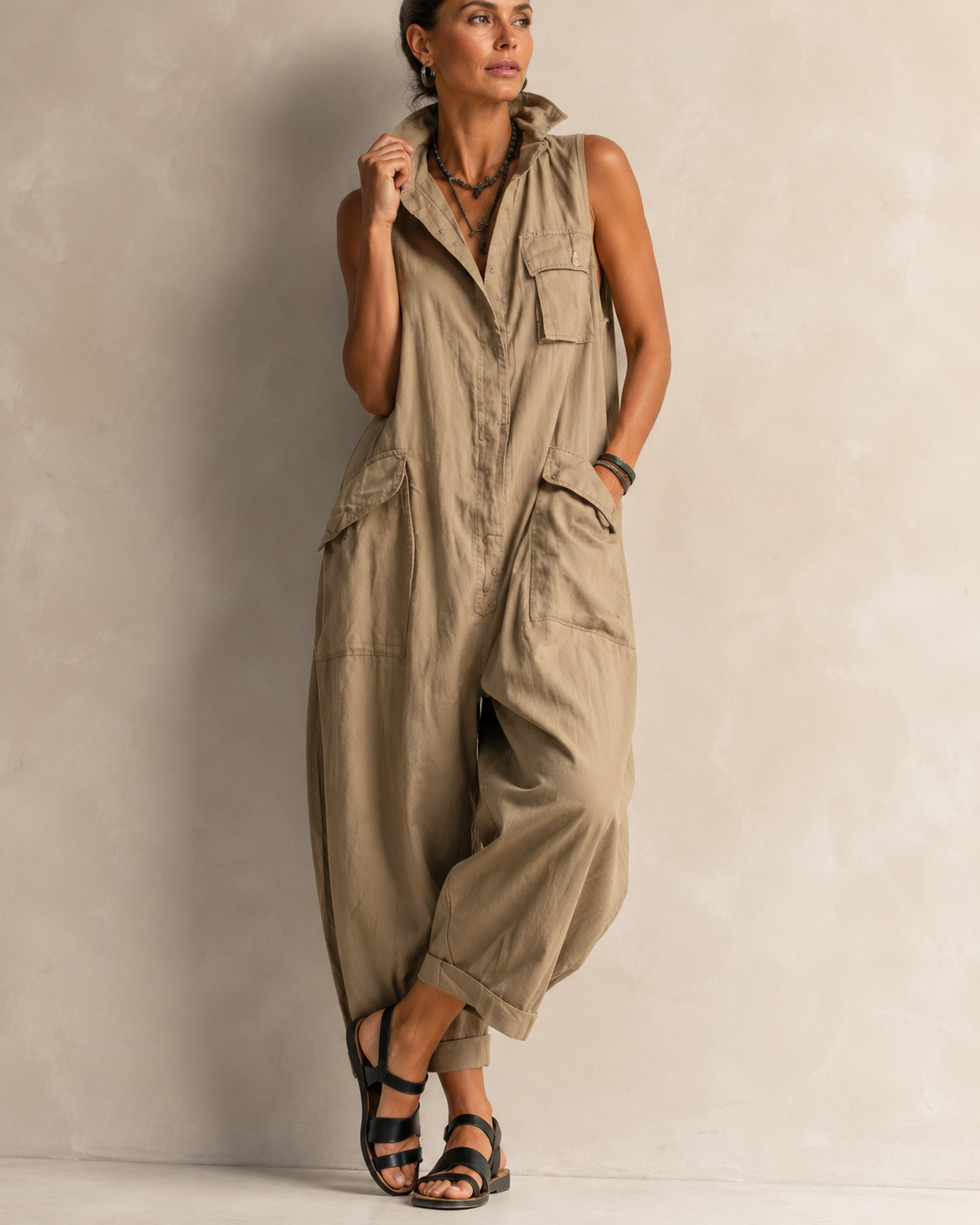 Women's Sleeveless Collared Jumpsuit – Relaxed Fit Pocket Casual Jumpsuit