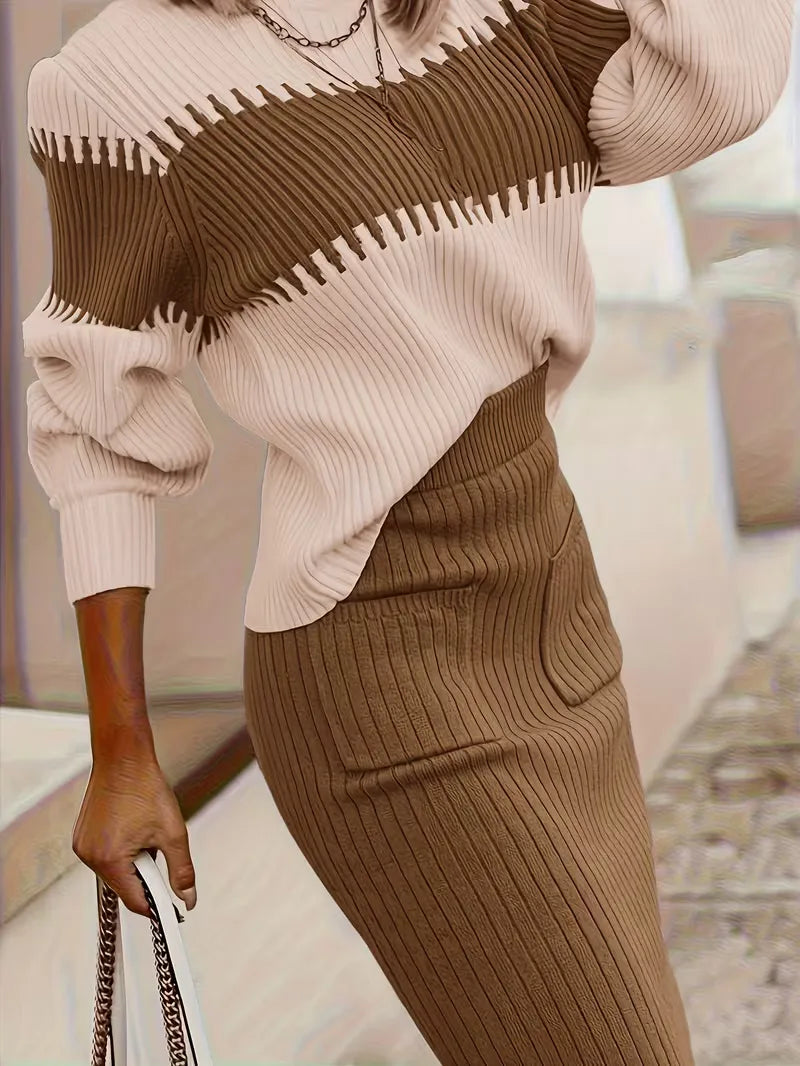 Women's Ribbed Knit Skirt Set – High Neck Sweater Co-Ord