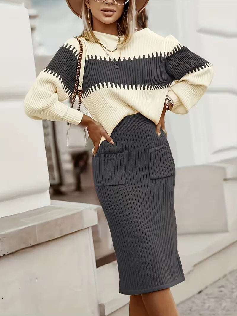 Women's Ribbed Knit Skirt Set – High Neck Sweater Co-Ord