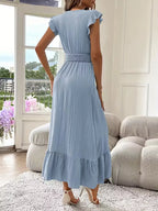 Women's V-Neck Tiered Evening Maxi Dress – Short Sleeve Smocked Waist Dress