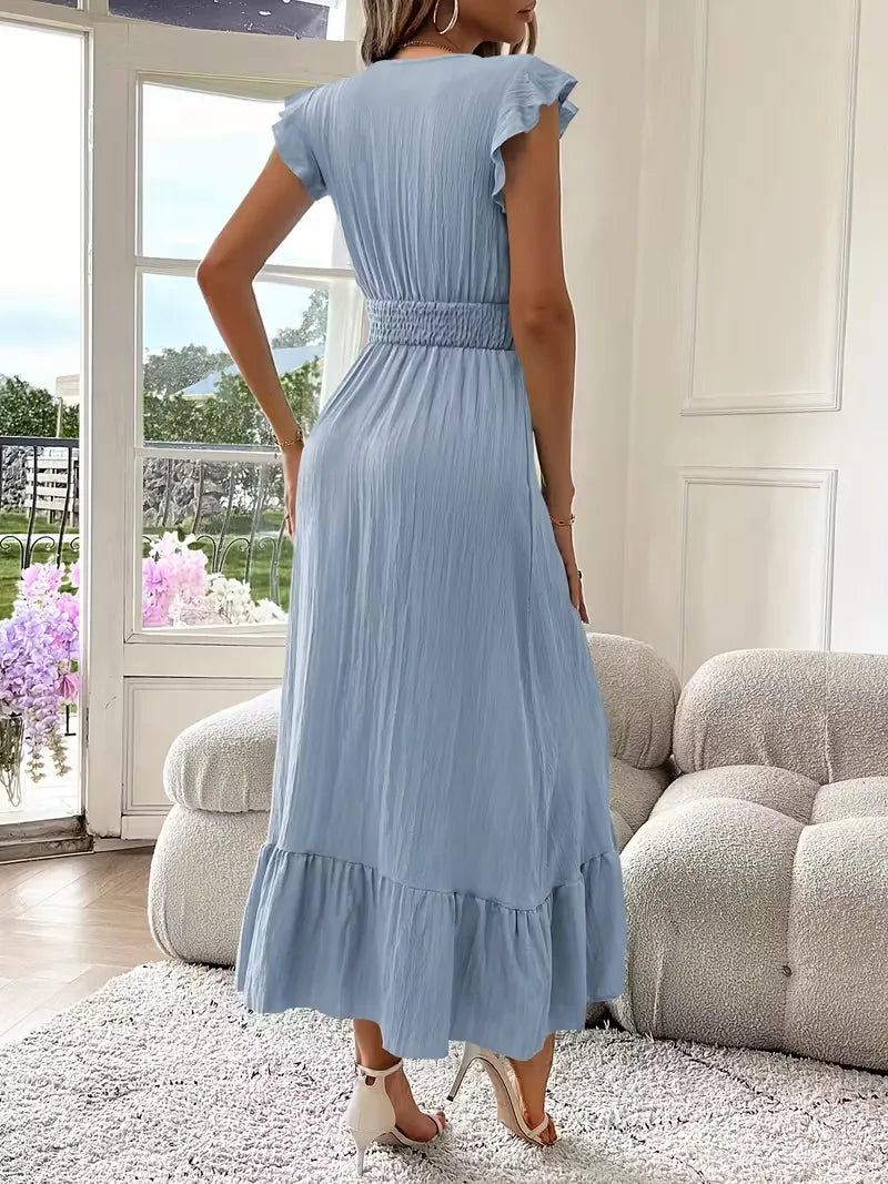 Women's V-Neck Tiered Evening Maxi Dress – Short Sleeve Smocked Waist Dress
