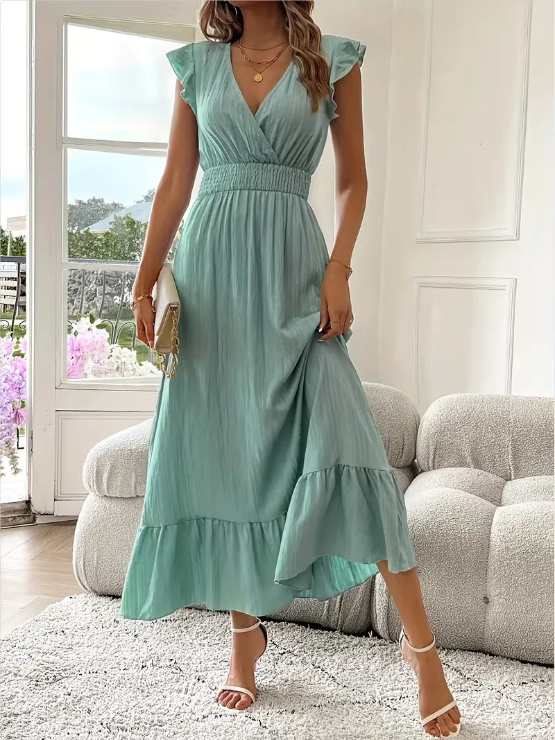 Women's V-Neck Tiered Evening Maxi Dress – Short Sleeve Smocked Waist Dress