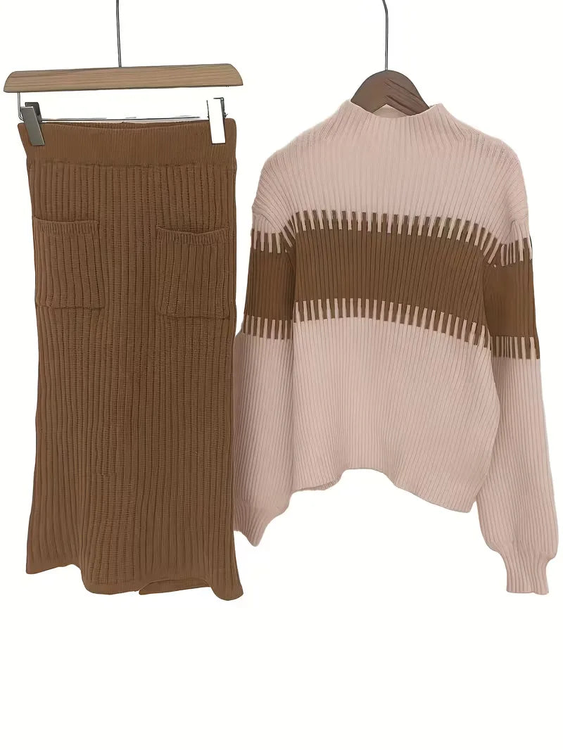 Women's Ribbed Knit Skirt Set – High Neck Sweater Co-Ord