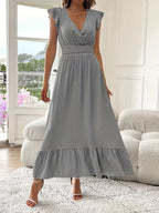 Women's V-Neck Tiered Evening Maxi Dress – Short Sleeve Smocked Waist Dress