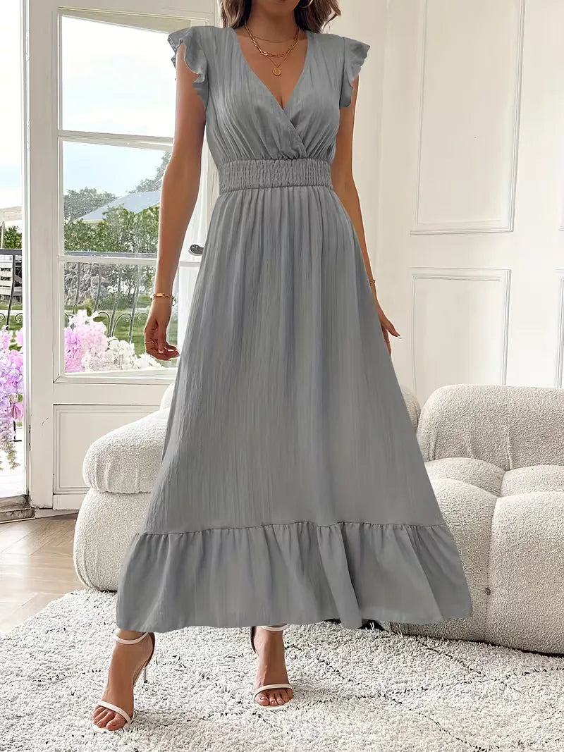Women's V-Neck Tiered Evening Maxi Dress – Short Sleeve Smocked Waist Dress