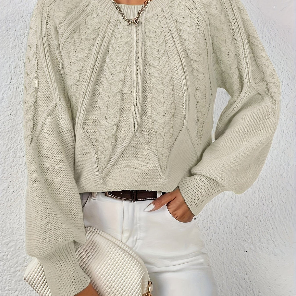 Women's Cable Knit Winter Sweater – Statement Lantern Sleeve Sweater