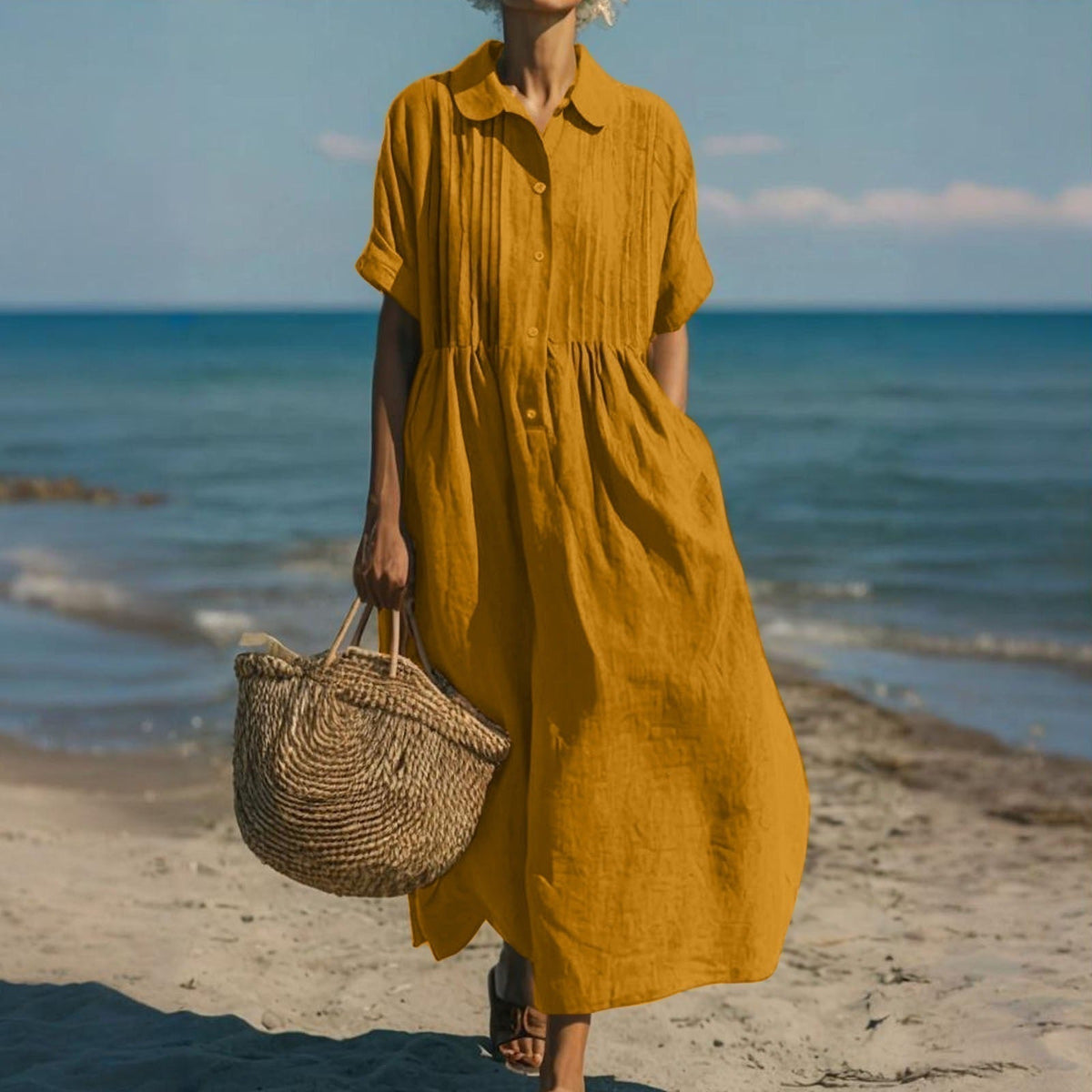 Women's Button Front Summer Dress – Short Sleeve Flowy Day Dress