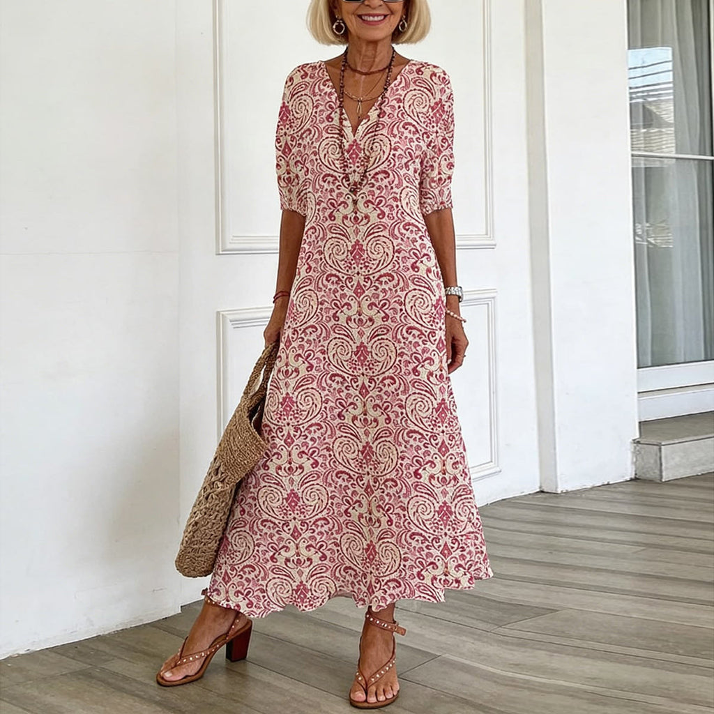 Women's Boho V-Neck Dress – Printed Flared Summer Dress