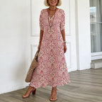 Women's Boho V-Neck Dress – Printed Flared Summer Dress