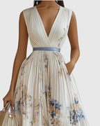 Women's Pleated Wedding Guest Midi Dress – Sleeveless Floral Occasion Dress