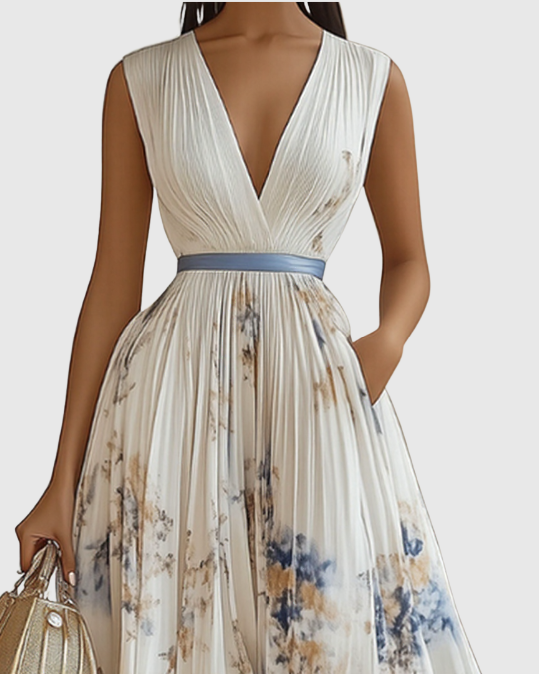 Women's Pleated Wedding Guest Midi Dress – Sleeveless Floral Occasion Dress