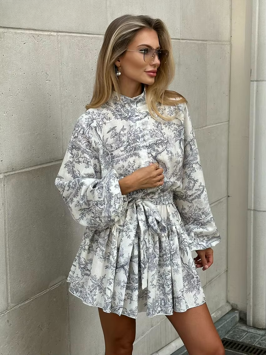 Women's Toile Print Mini Dress – Belted A-Line Balloon Sleeve Dress