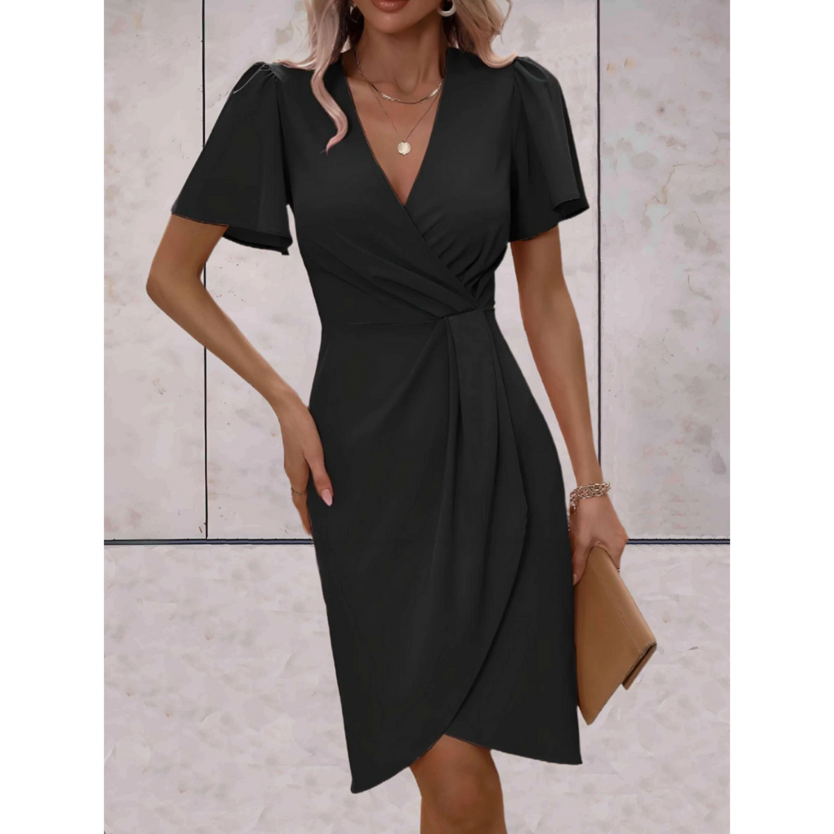 Women's Billowy Sleeve Wrap Dress – V-Neck Flowy Cocktail Dress