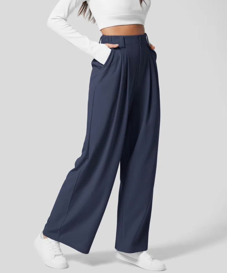 Women's High Waisted Four Pocket Pants – Elastic Waist Wide Leg Trousers