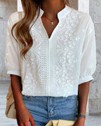 Women's V-Neck Long Sleeve Blouse – Puff Sleeve Relaxed Blouse