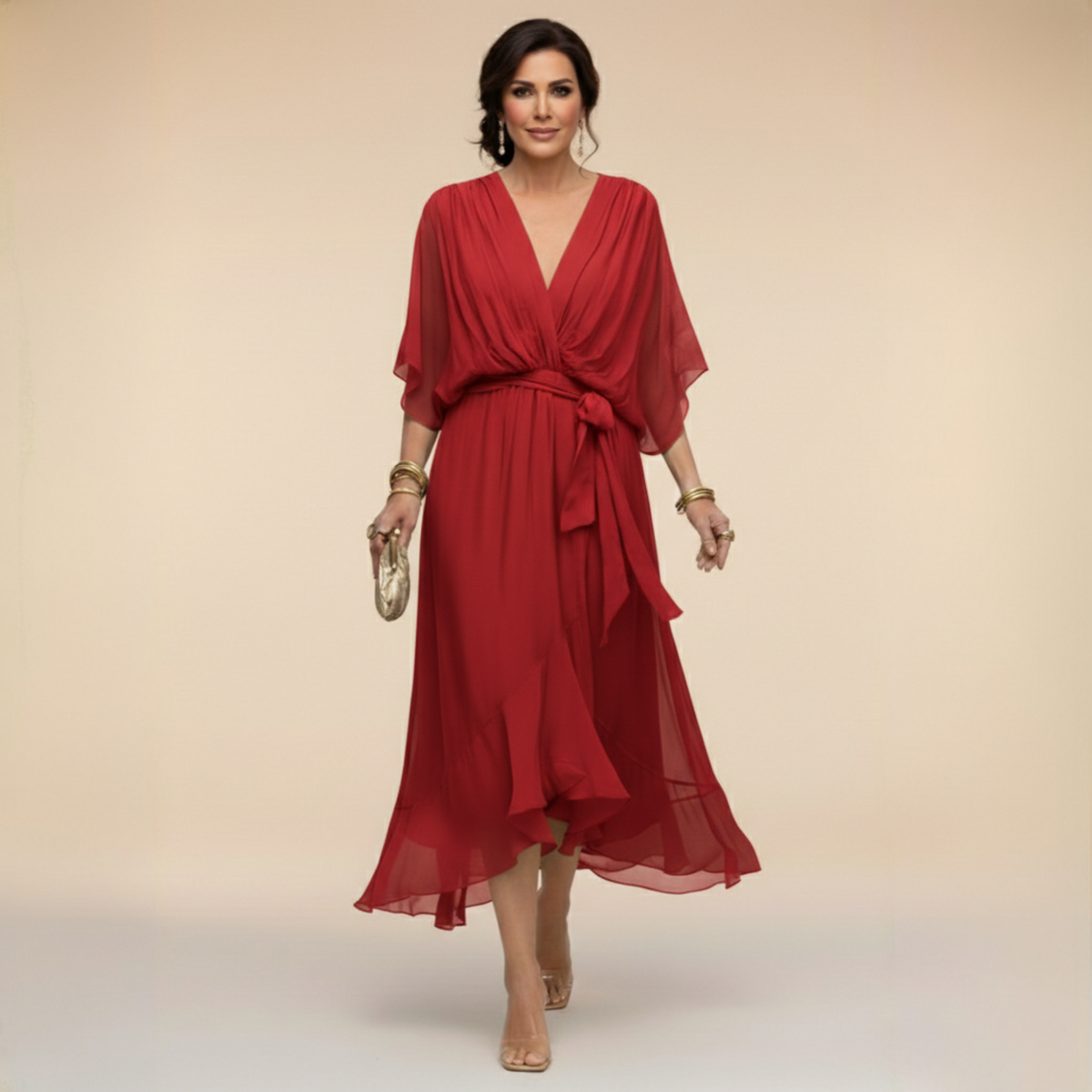Women's Long Sleeve V-Neck Dress – Flowy Day-to-Evening Occasion Dress