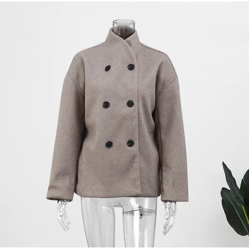 Women's Double-Breasted Winter Coat – Relaxed Stand Collar Overcoat