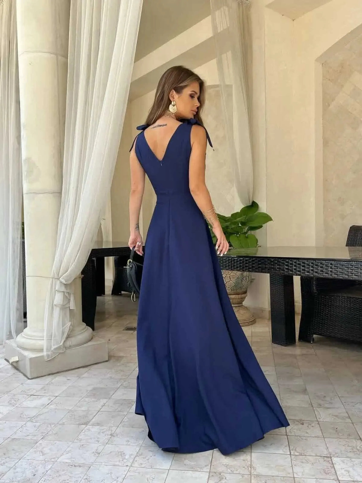 Women's Fitted V-Neck Maxi Dress – Side Slit Formal Evening Dress