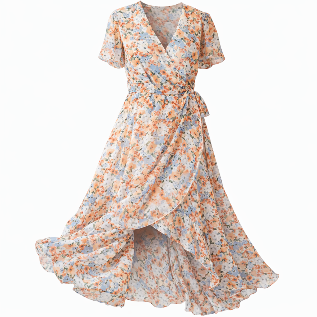 Women's Floral Belted Wrap Dress – V-Neck Midi Occasion Dress
