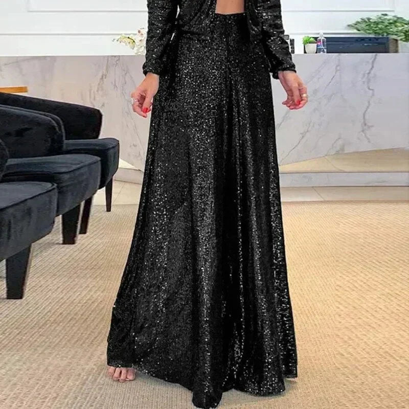 Women's Glitter Sequin Palazzo Pants – High Waist Flared Party Trousers