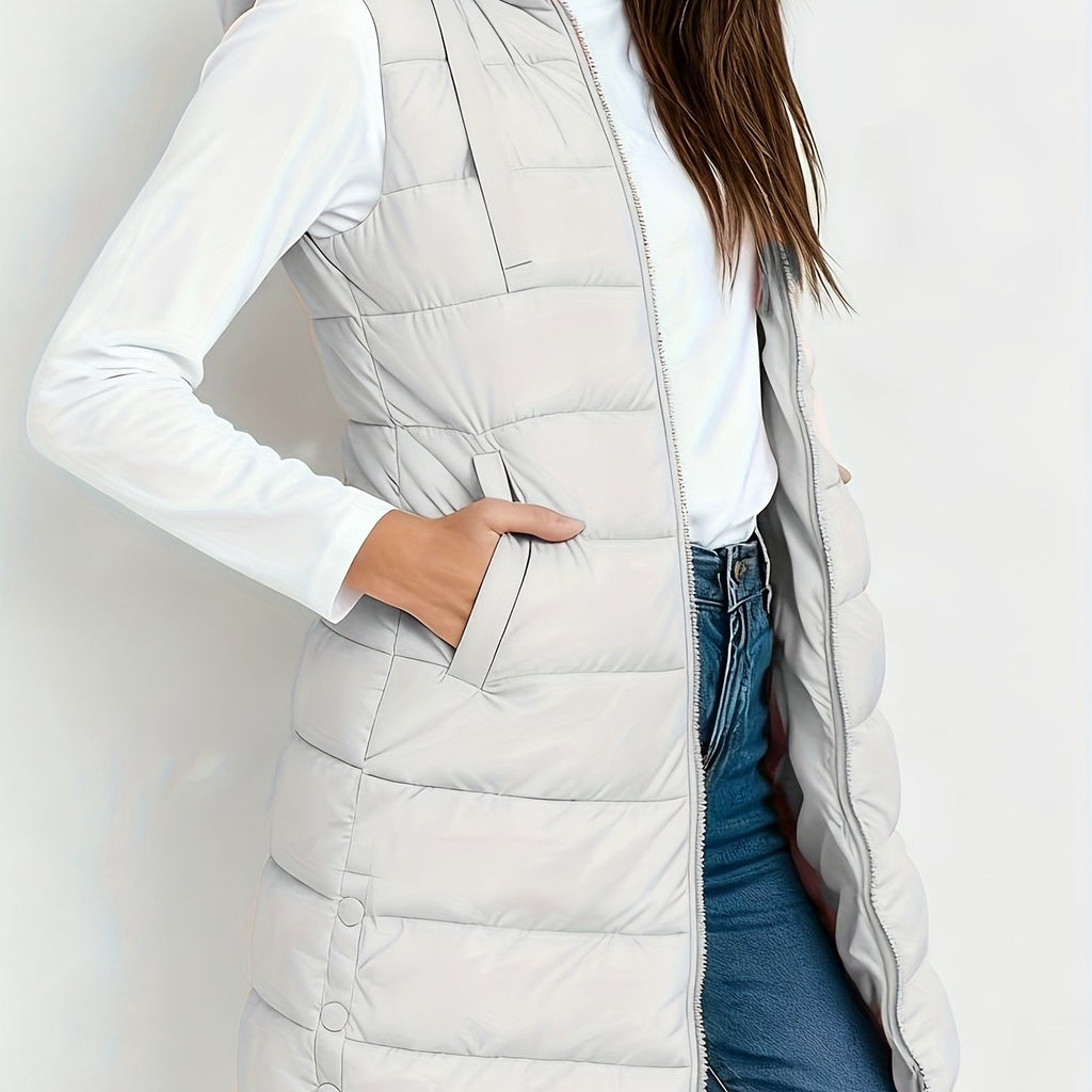 Women's Long Puffer Vest – Sleeveless Quilted Winter Gilet