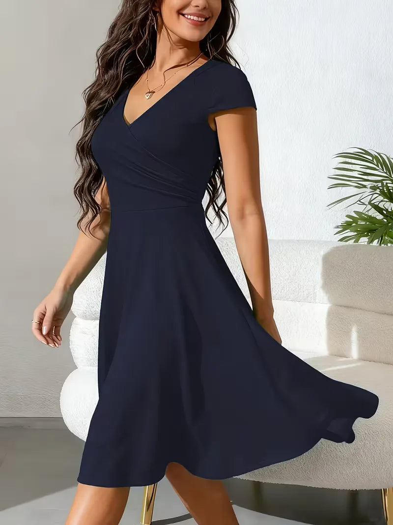 Women's V-Neck Pocket A-Line Dress – Short Sleeve Knee Length Dress