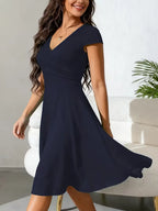 Women's V-Neck Pocket A-Line Dress – Short Sleeve Knee Length Dress