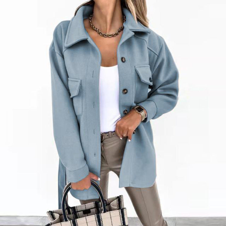 Women's Folded Collar Coat – Mid-Length Button Front Winter Overcoat