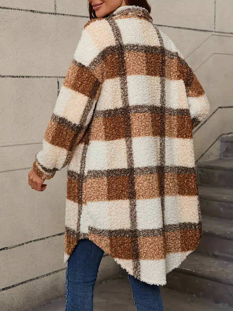 Women's Checked Teddy Coat – Oversized Fleece Winter Overcoat