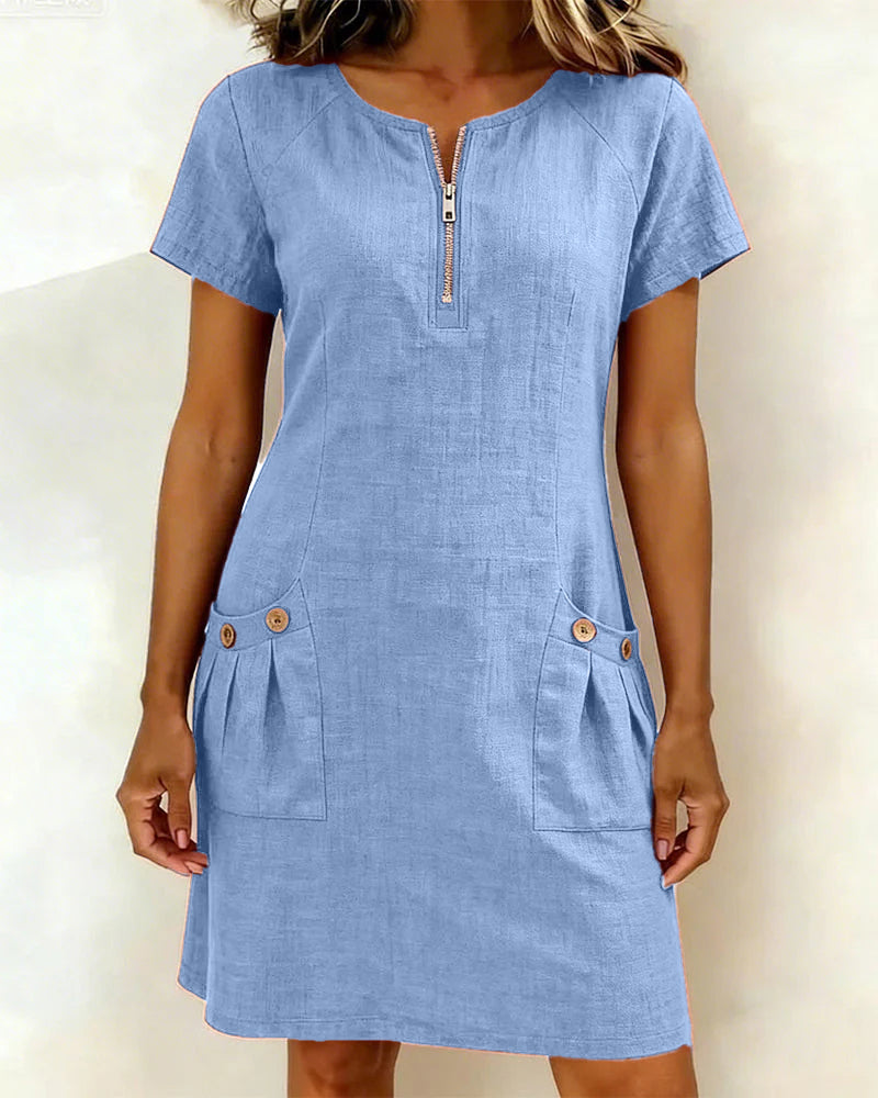 Women's A-Line Knee-Length Dress – Pocket Short Sleeve Day Dress