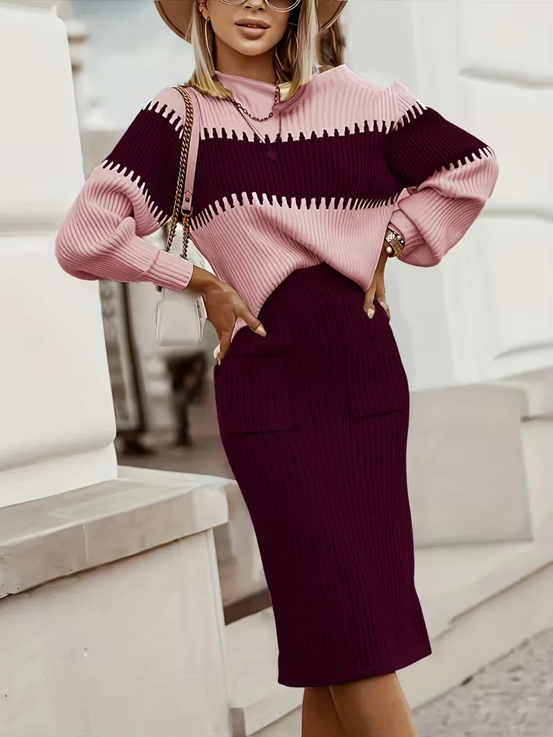 Women's Ribbed Knit Skirt Set – High Neck Sweater Co-Ord