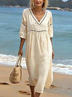 Women's V-Neck Pocket Summer Dress – Short Sleeve Midi Dress