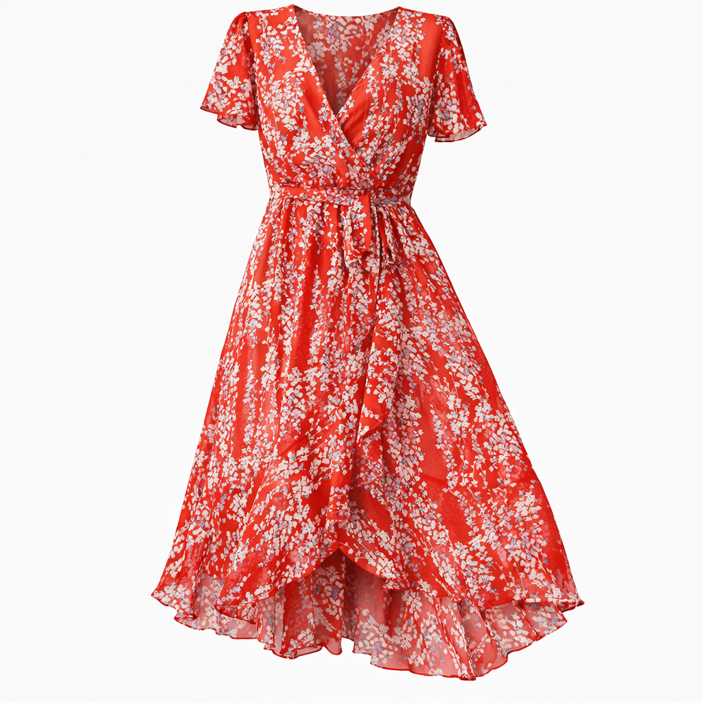 Women's Floral Belted Wrap Dress – V-Neck Midi Occasion Dress