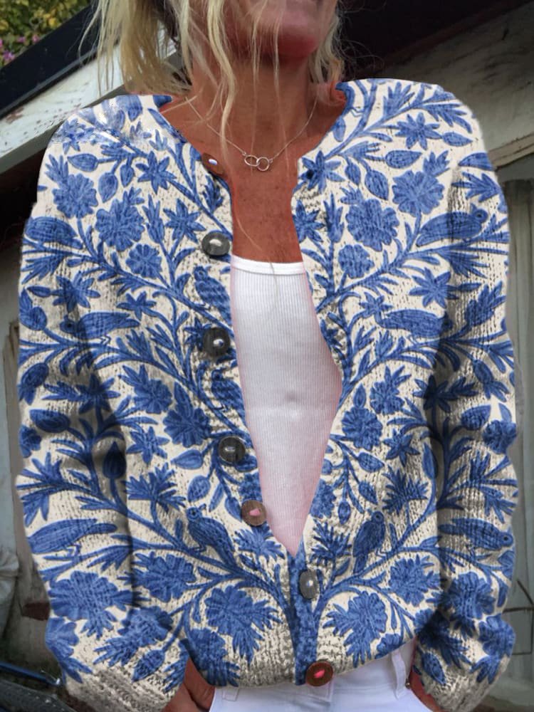 Women's Floral Button Cardigan – Patterned Long Sleeve Cardigan