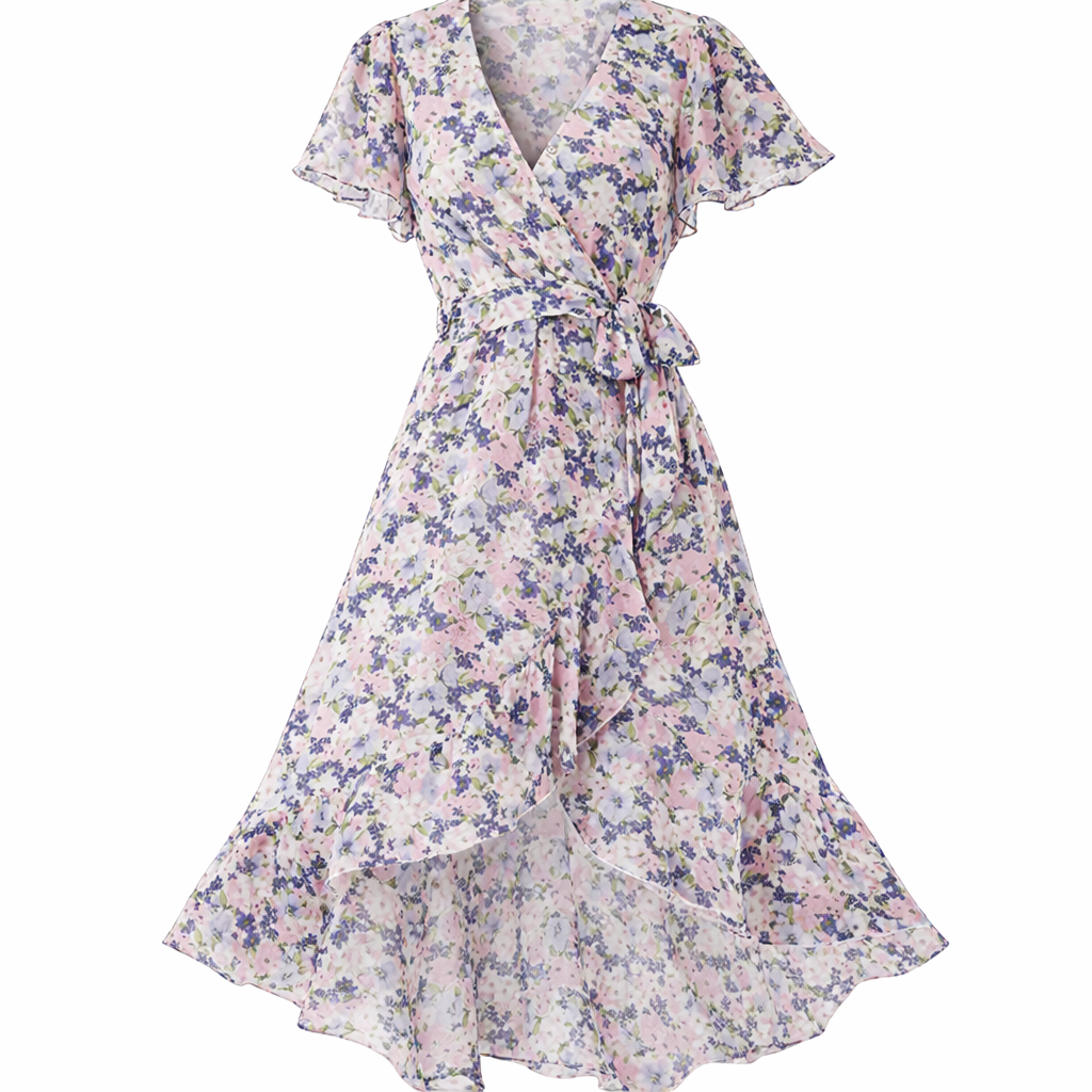 Women's Floral Belted Wrap Dress – V-Neck Midi Occasion Dress